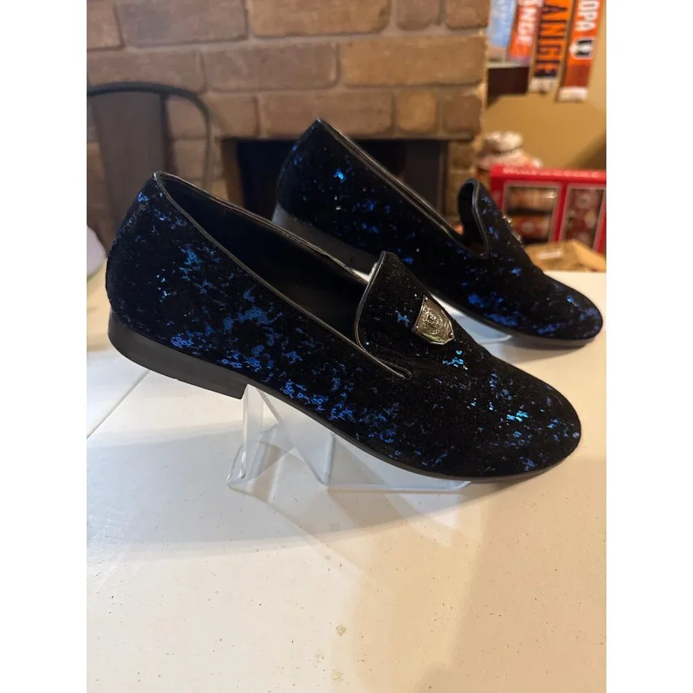 Platini Mens Black & Blue Velvet Loafers Size 8.5